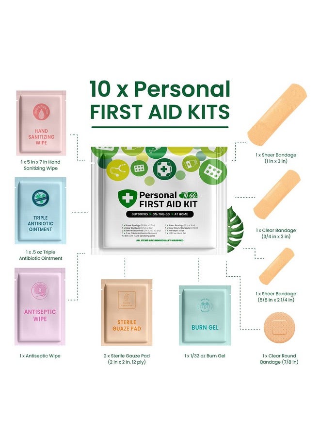 pH Advantage Portable Travel Size First Aid Kit 10 Pack | Perfect For Home, Office, Car, School, Business, Travel, Hiking, Hunting, And Outdoors | Individually Wrapped First Aid Products (Green)  - Image 2