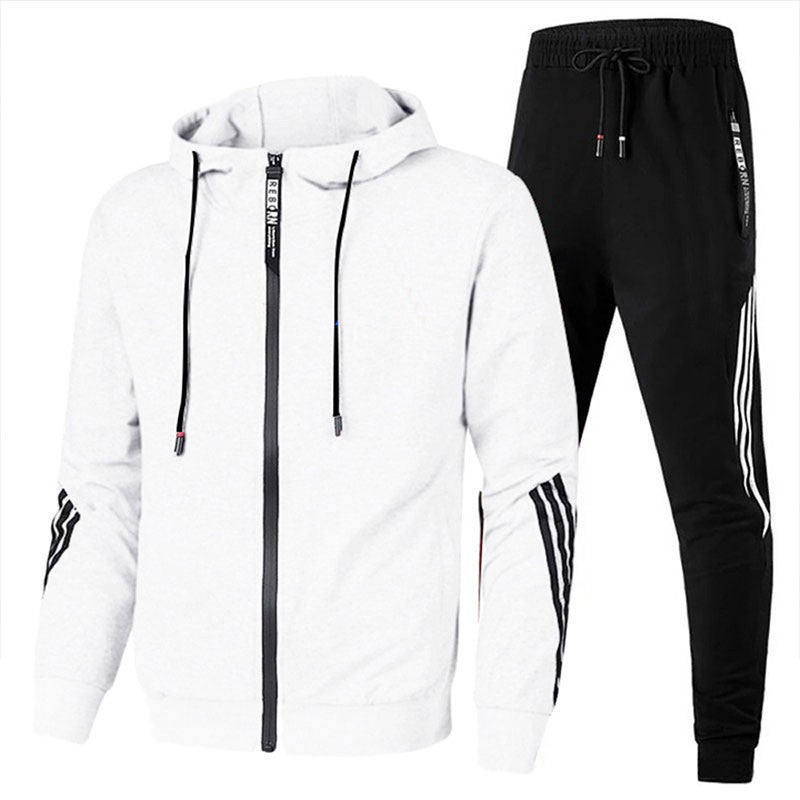 2022 Spring and Autumn Mens Casual Sports Suit Hooded Zipper Sweater Trousers Trendy Sports Suit White