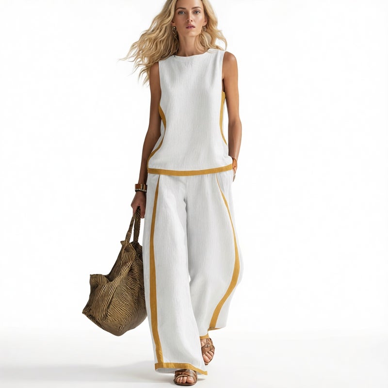 Women's Sleeveless Contrast Wide Leg Pants Set Summer Casual Two Piece Outfit - Image 5
