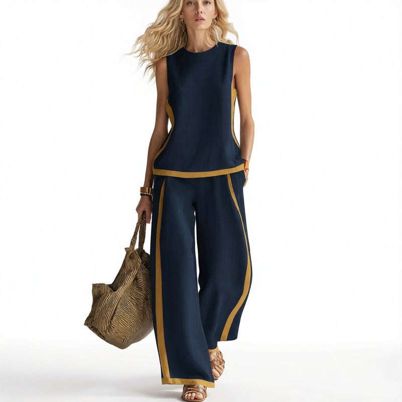 Women's Sleeveless Contrast Wide Leg Pants Set Summer Casual Two Piece Outfit - Image 4