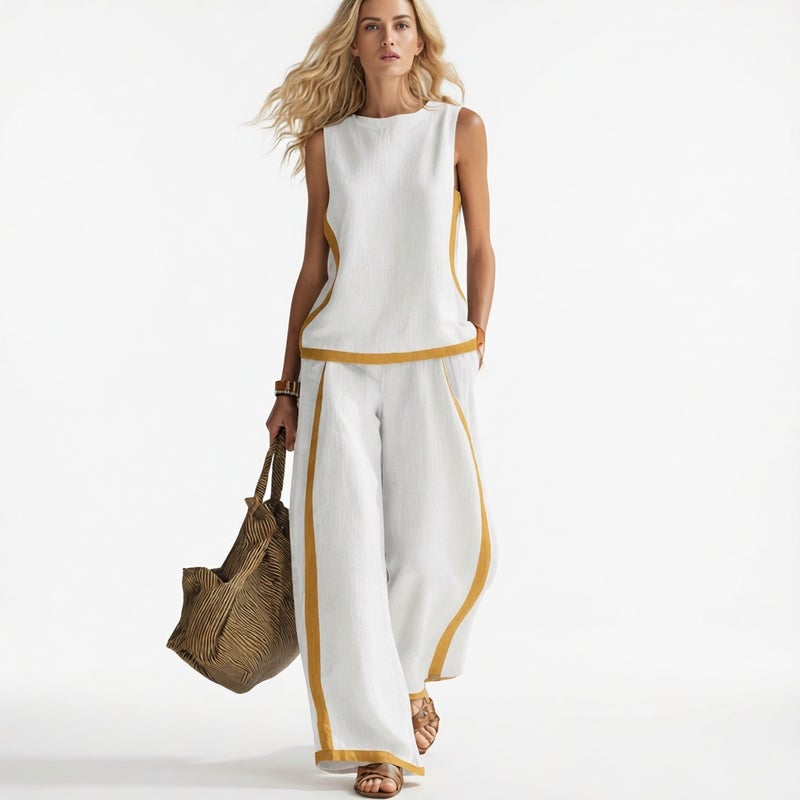 Women's Sleeveless Contrast Wide Leg Pants Set Summer Casual Two Piece Outfit - Image 2