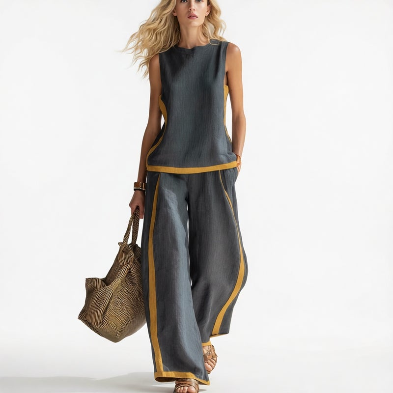 Women's Sleeveless Contrast Wide Leg Pants Set Summer Casual Two Piece Outfit - Image 1