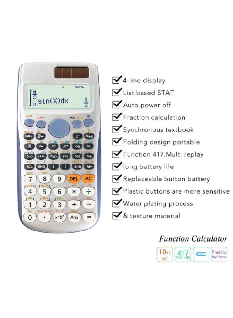 Scientific Calculator 417 Function 10+2-digit Writing Display Solar and Battery Calculator Protective Case, Suitable for Schools - Image 4