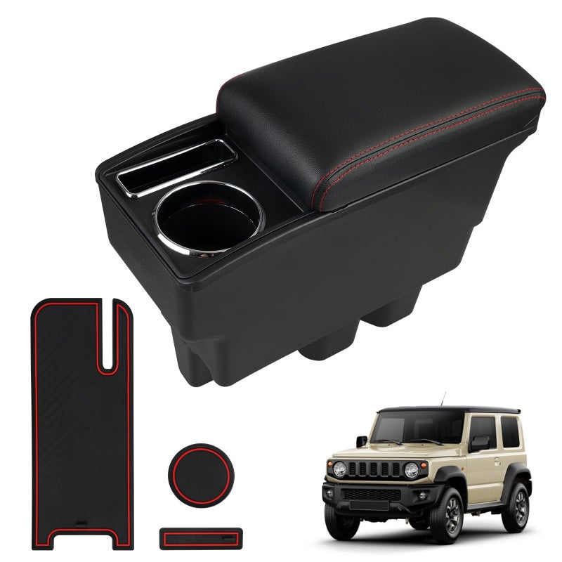 Dexepe Consoles Armrest Compatible with Suzuki Jimny JB64W JB74W 20182025 Center Console Box Armrest Box Cup Holder Black with Red Stitching Jimny Accessories