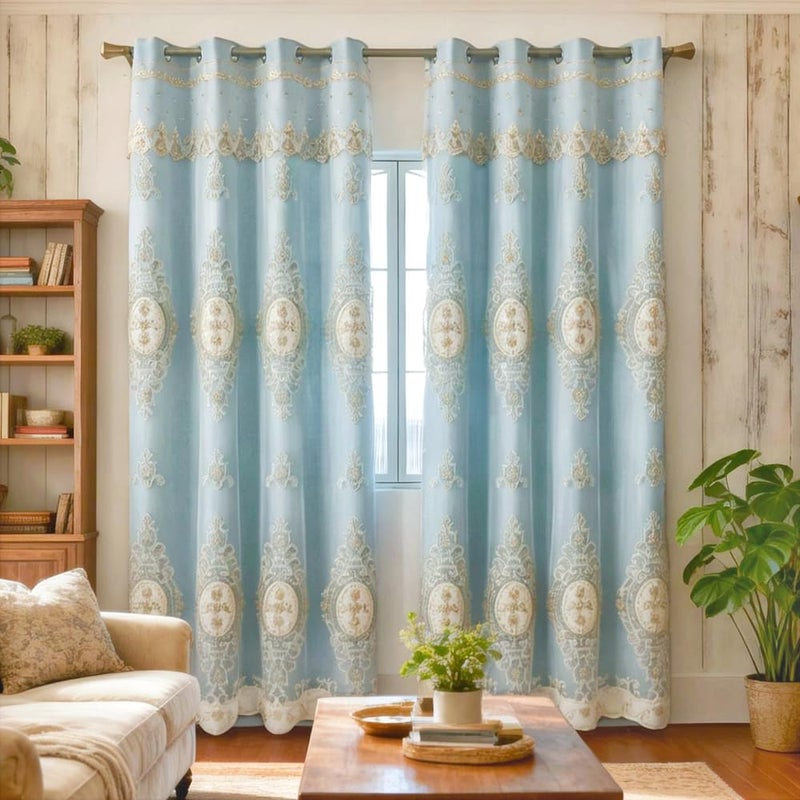 Amidoudou 1 Pair European Double Layer Curtains with Valances for Living Room Bedroom Luxury 3D Flower Embroidered Curtains (Blue,52x96 Inch) - Image 5