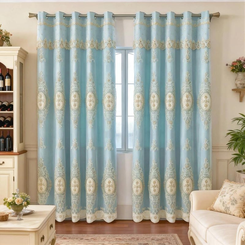 Amidoudou 1 Pair European Double Layer Curtains with Valances for Living Room Bedroom Luxury 3D Flower Embroidered Curtains (Blue,52x96 Inch) - Image 2
