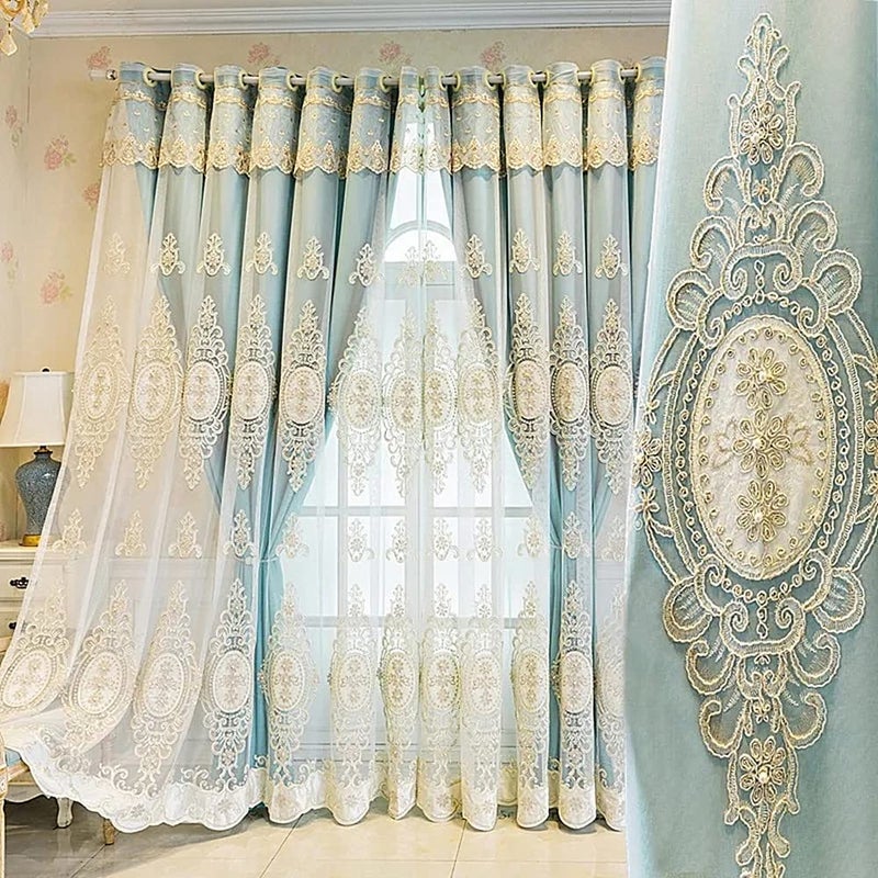 Amidoudou 1 Pair European Double Layer Curtains with Valances for Living Room Bedroom Luxury 3D Flower Embroidered Curtains (Blue,52x96 Inch) - Image 1