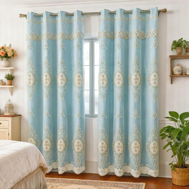 Amidoudou 1 Pair European Double Layer Curtains with Valances for Living Room Bedroom Luxury 3D Flower Embroidered Curtains (Blue,52x96 Inch) - Image 4
