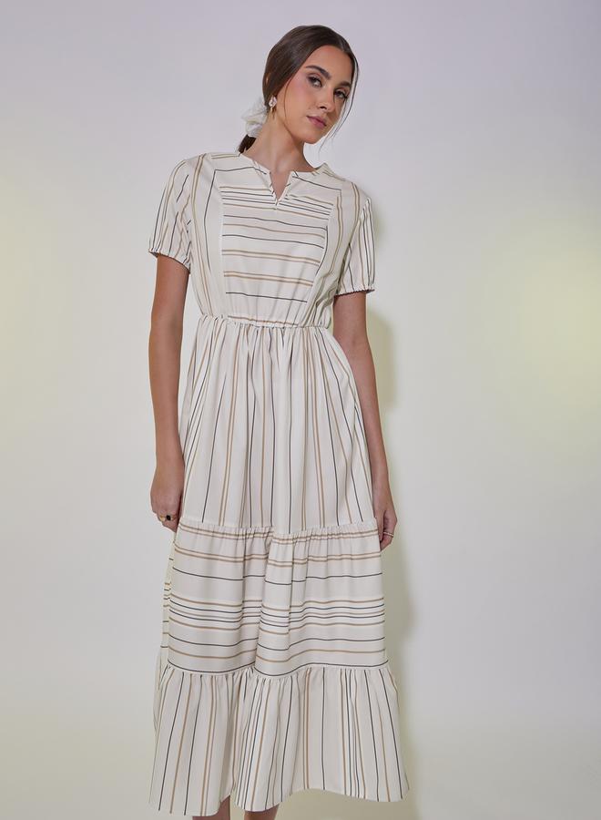 Take Two Striped Notch Neck A-Line Midi Dress - Image 2