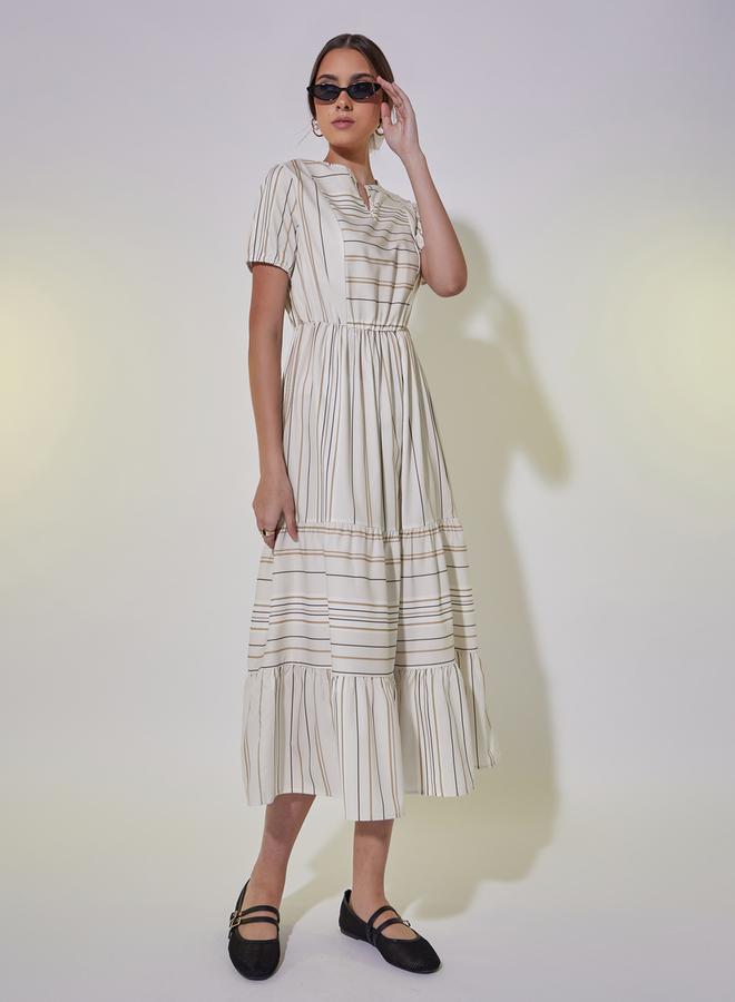 Take Two Striped Notch Neck A-Line Midi Dress - Image 1