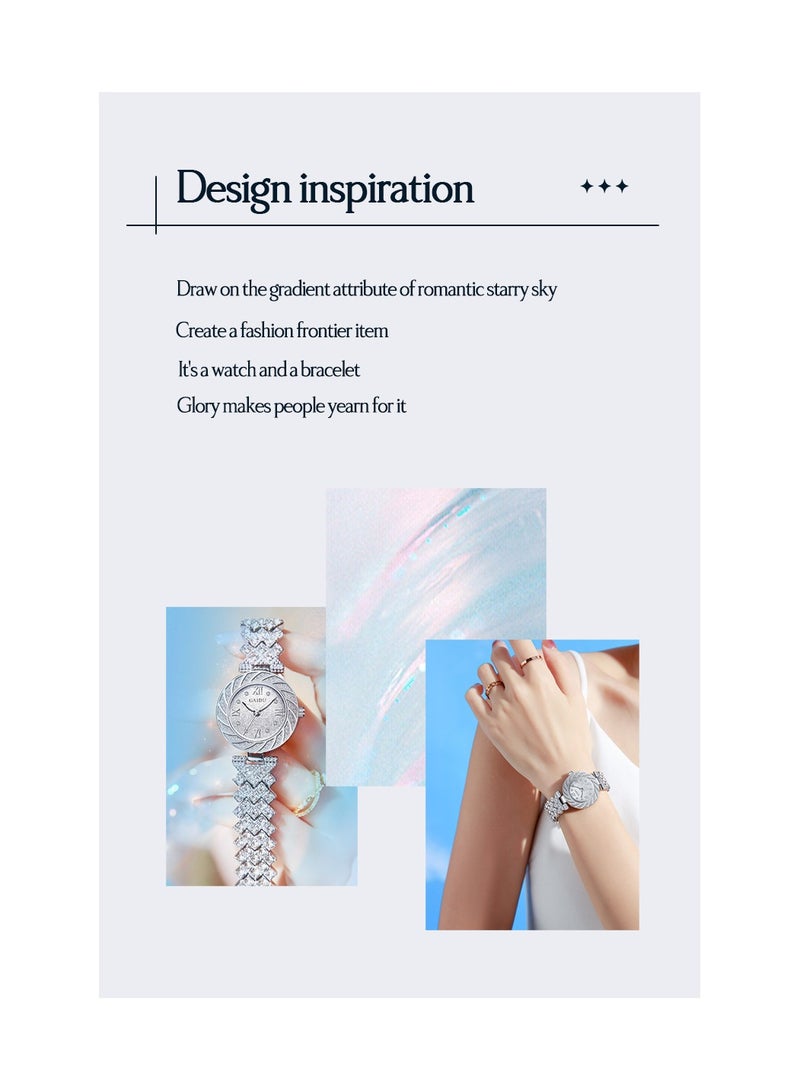 xozgdovg Scholar watch bracelet watch light luxury temperament women's watch waterproof explosion quartz watch /KD3015 silver shell white sand surface steel belt  - Image 2