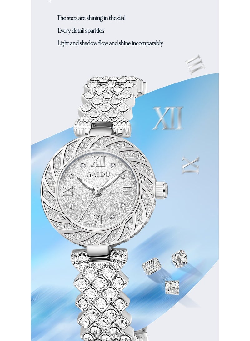 xozgdovg Scholar watch bracelet watch light luxury temperament women's watch waterproof explosion quartz watch /KD3015 silver shell white sand surface steel belt  - Image 4