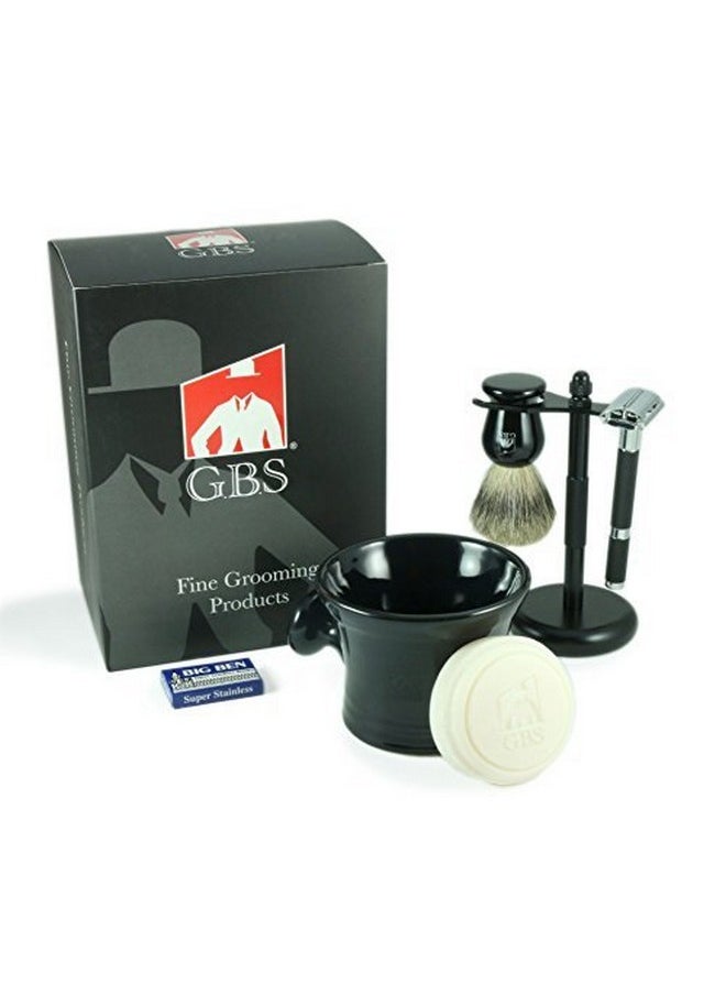 .B.S Men'S Shaving Set Butterfly Open Double Edge Razor Shave Brush With Dual Stand Shaving Mug With Knob Handle Natural Shave Soap 10 Replacement Razor Blades