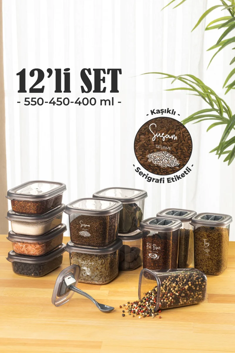 Vienev Super Set of 12 Spice Storage Containers with Labeled Spoons 4x(0.40 0.45 0.55)