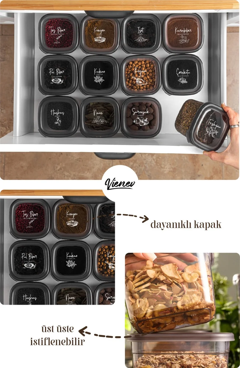 Vienev Super Set of 12 Spice Storage Containers with Labeled Spoons 4x(0.40 0.45 0.55)