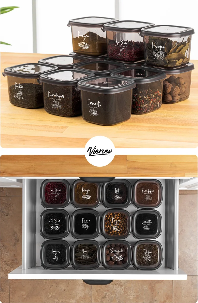 Vienev Super Set of 12 Spice Storage Containers with Labeled Spoons 4x(0.40 0.45 0.55)
