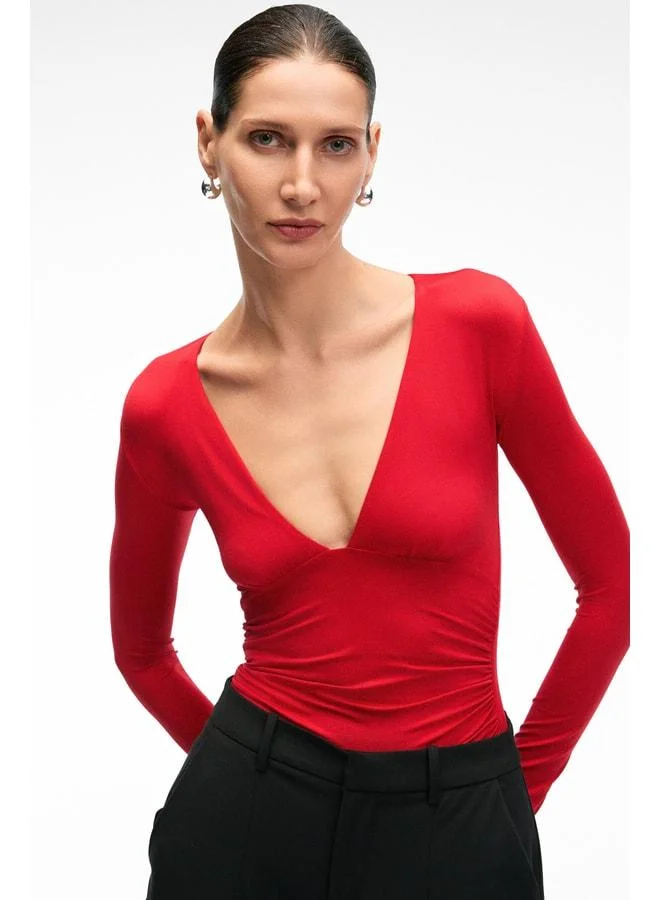 GRIMELANGE TEVRINE Women's Cross-Collared Flexible Fabric Long Sleeve Snap-Closure Slim Fit Red Blouse.