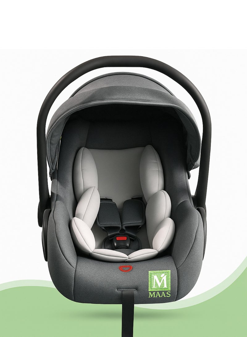ماس كرسي سيارة للأطفال حديثي الولادة حتى عمر 15 شهر تصميم مريح حزام نقاط من 3 نقاط أمان وراحة لطفلك في كل رحلة آمن ومبطن يمكن استخدامه كمقعد سيارة أو كرسي محمول للأطفال في الأماكن العامة.