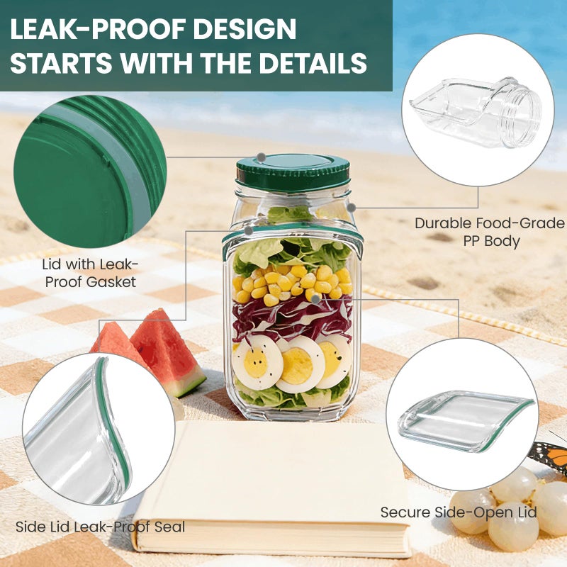 TJR Salad Pod Mason Jar Side Open â€“ Leakproof Vertical Layering Salad Jars with Built-In Dressing Containers, Reusable & Portable Lunch Containers for Office, Picnic & Travel - Image 4