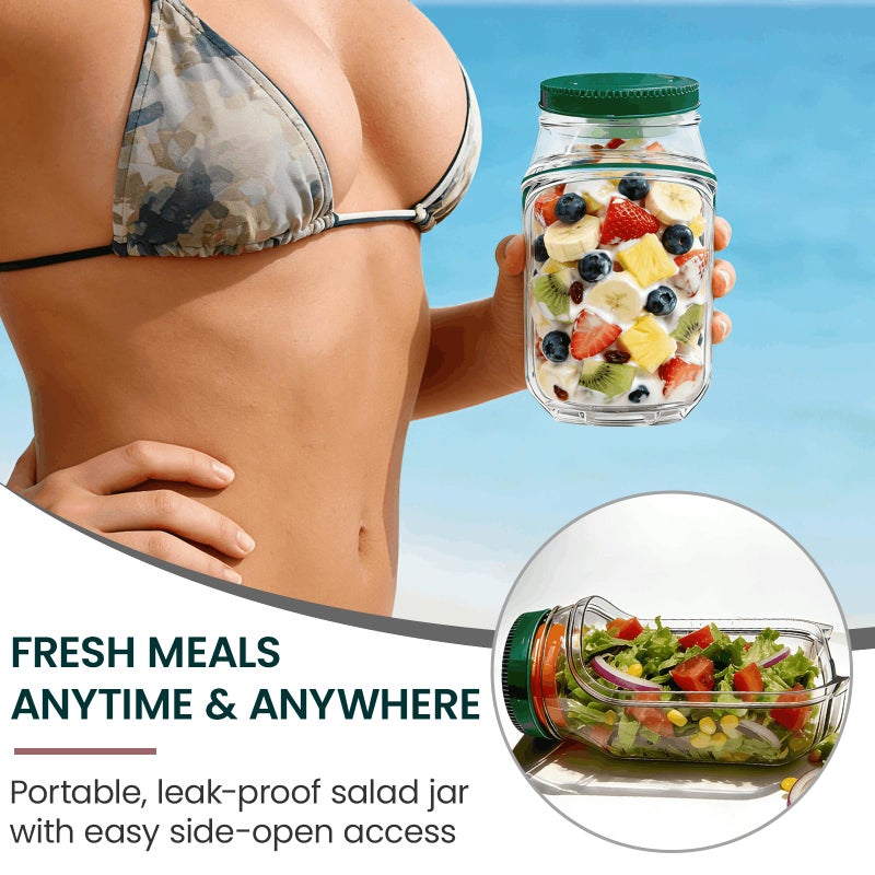 TJR Salad Pod Mason Jar Side Open â€“ Leakproof Vertical Layering Salad Jars with Built-In Dressing Containers, Reusable & Portable Lunch Containers for Office, Picnic & Travel - Image 2