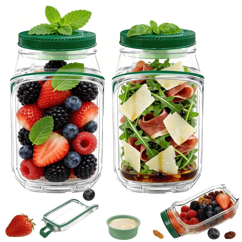TJR Salad Pod Mason Jar Side Open â€“ Leakproof Vertical Layering Salad Jars with Built-In Dressing Containers, Reusable & Portable Lunch Containers for Office, Picnic & Travel - Image 1