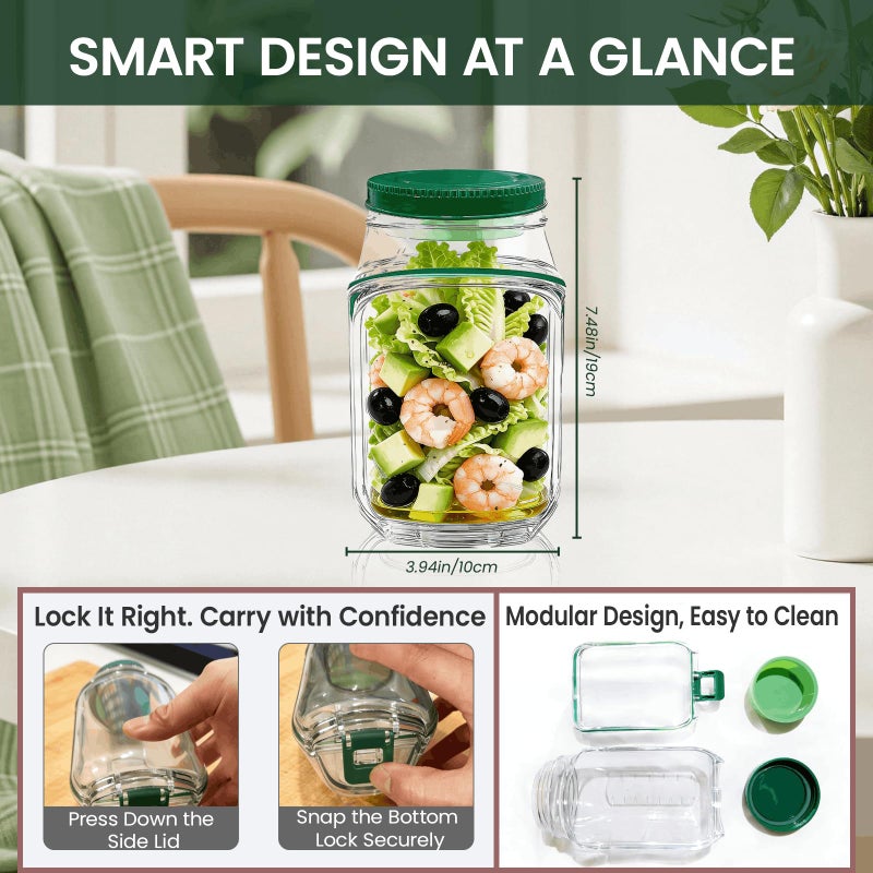 TJR Salad Pod Mason Jar Side Open â€“ Leakproof Vertical Layering Salad Jars with Built-In Dressing Containers, Reusable & Portable Lunch Containers for Office, Picnic & Travel - Image 5