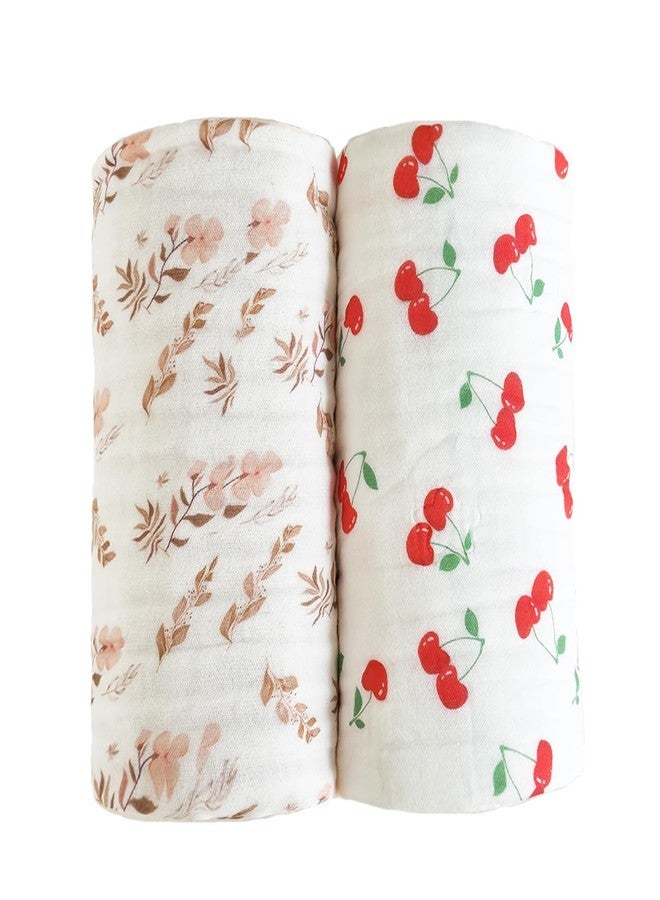 REPRECONF Pack of 2 Ultra Soft Muslin Baby Blankets for Girls Boys Breathable Lightweight Cotton Muslin Swaddle Blankets for Infant Toddler, Newborn Nursery Swaddling Wrap 43"X43" (Floral and Cherry) - Image 1