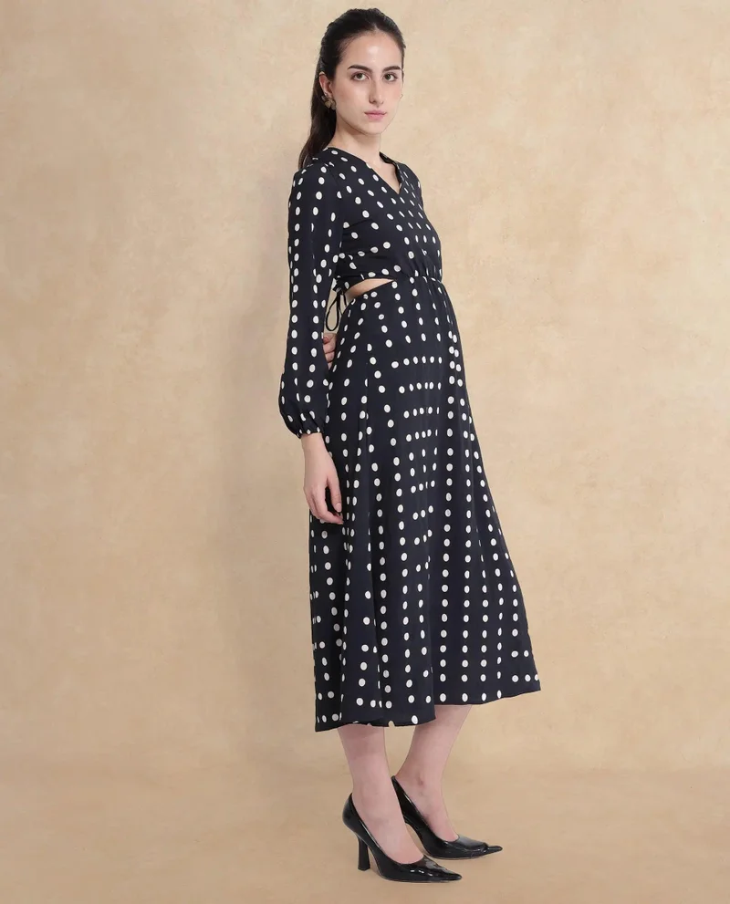 Rareism Women's Black Polka Print Bishop Sleeve Maxi Dress