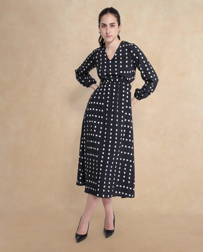 ريريزم Women's Black Polka Print Bishop Sleeve Maxi Dress