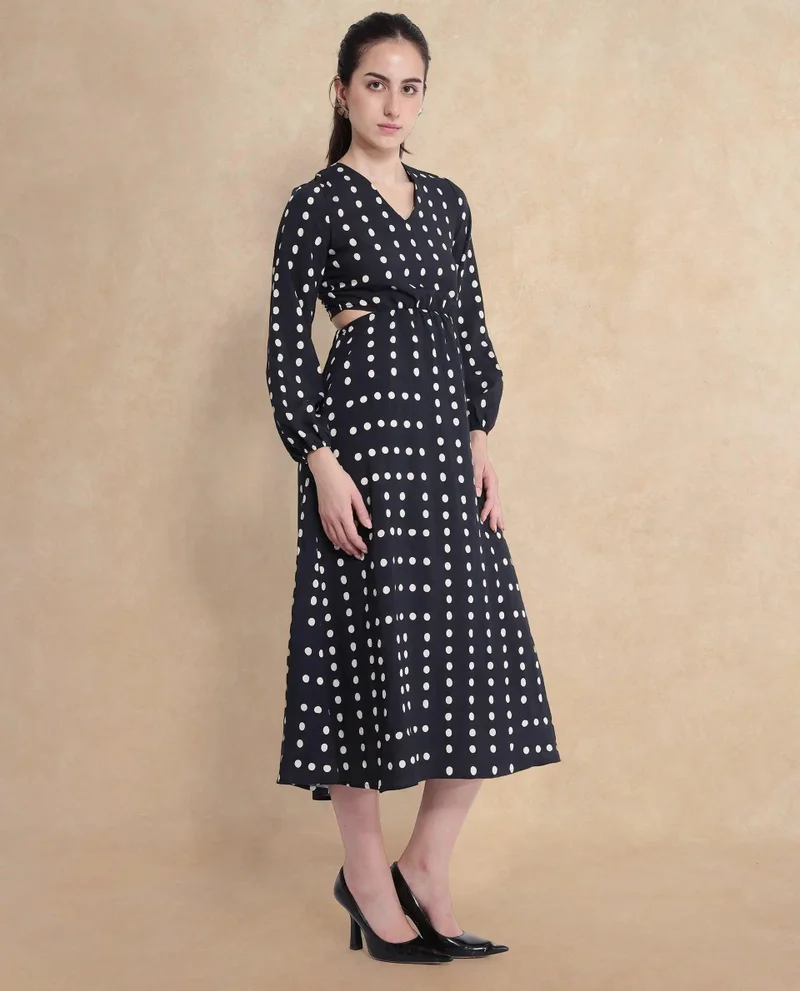 Rareism Women's Black Polka Print Bishop Sleeve Maxi Dress