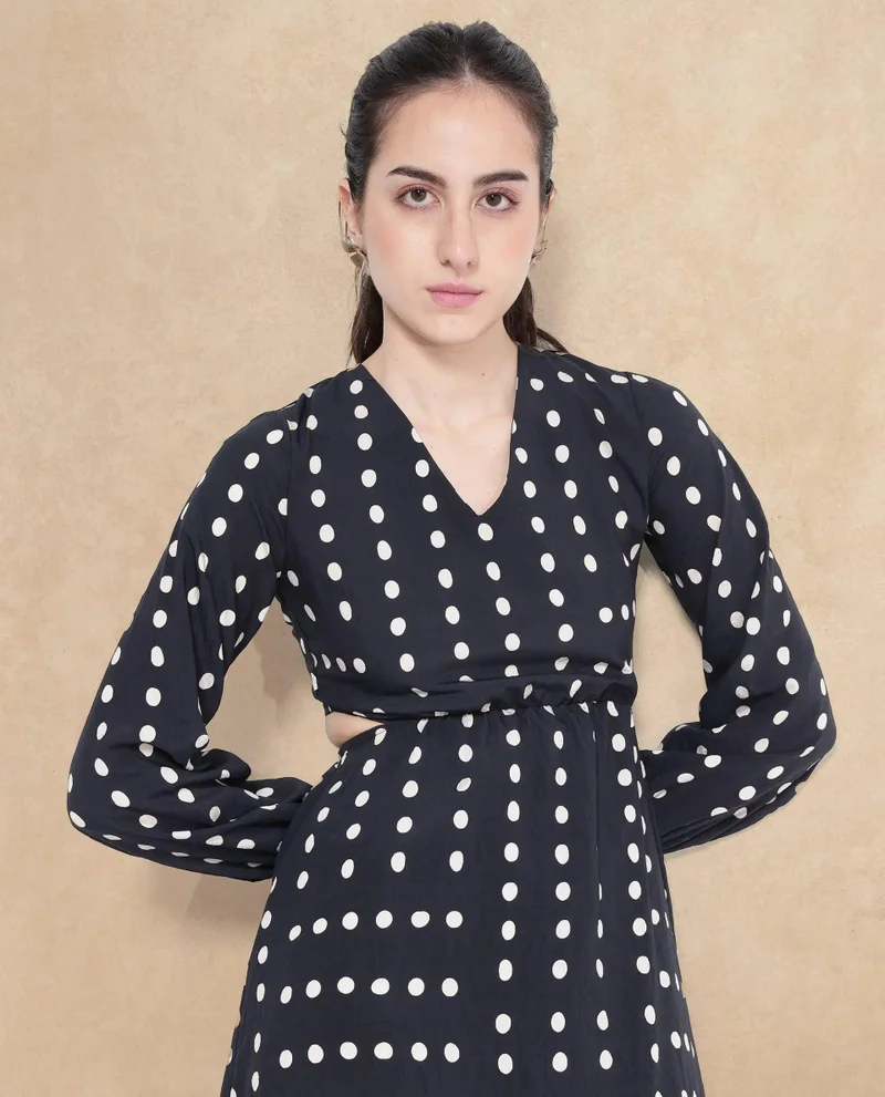 ريريزم Women's Black Polka Print Bishop Sleeve Maxi Dress