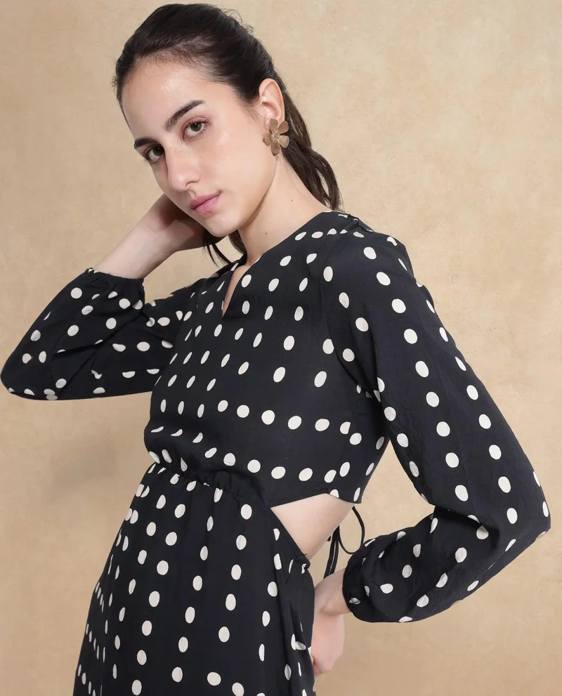 Rareism Women's Black Polka Print Bishop Sleeve Maxi Dress