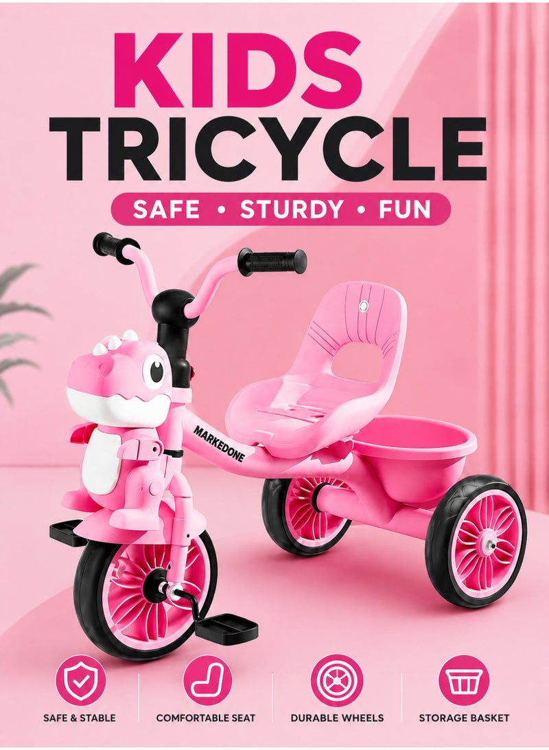 MarkedOne Tricycle for Kids, Baby Cycle with Light and Music, Kids Tricycle with Back Storage Basket & 3 Wheels, Kids Cycle Bike For 3+  Years Boys Girls White Pink - Image 1