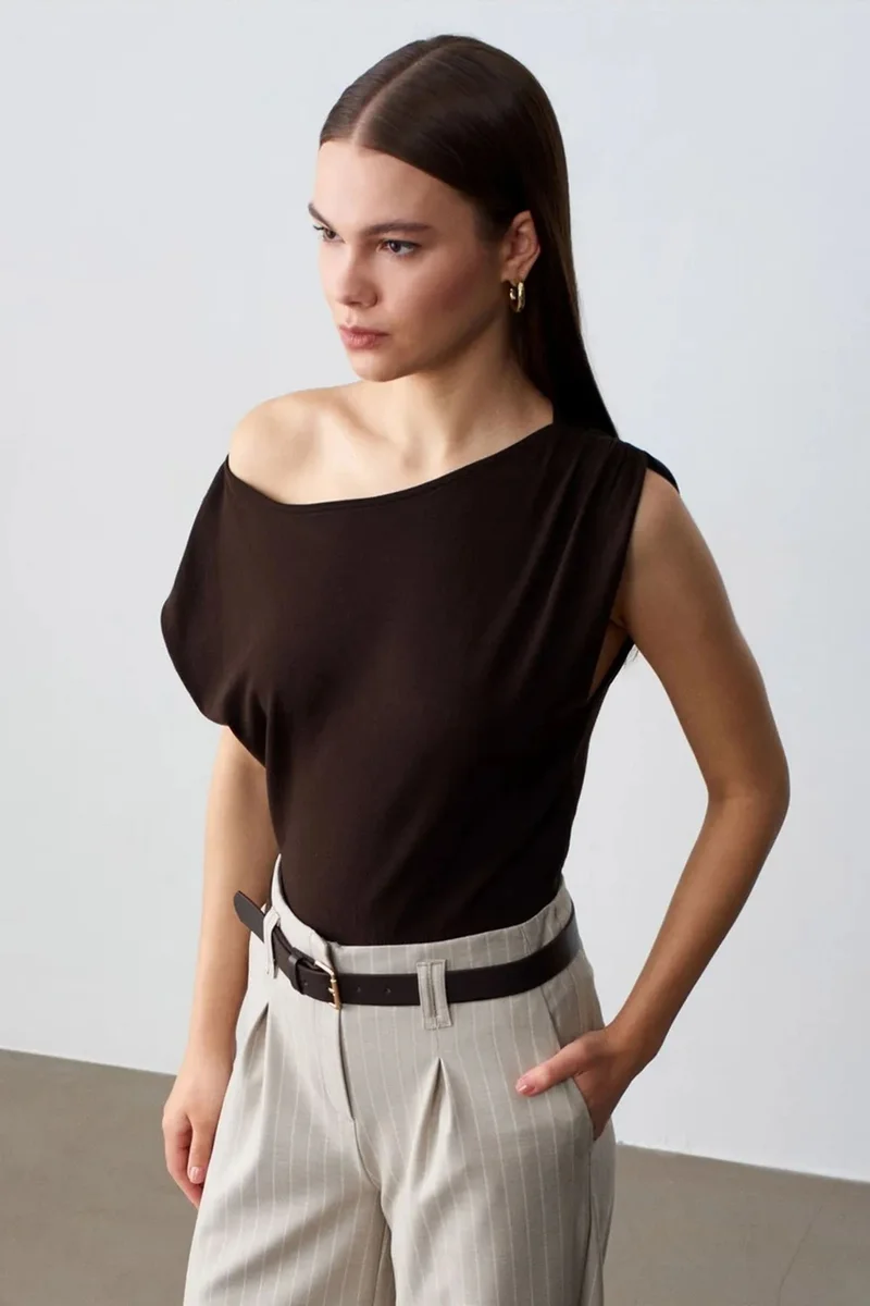Dilvin Coffee Brown DILVIN Off-Shoulder Sleeveless Crepe Blouse for Women | Best Price UAE