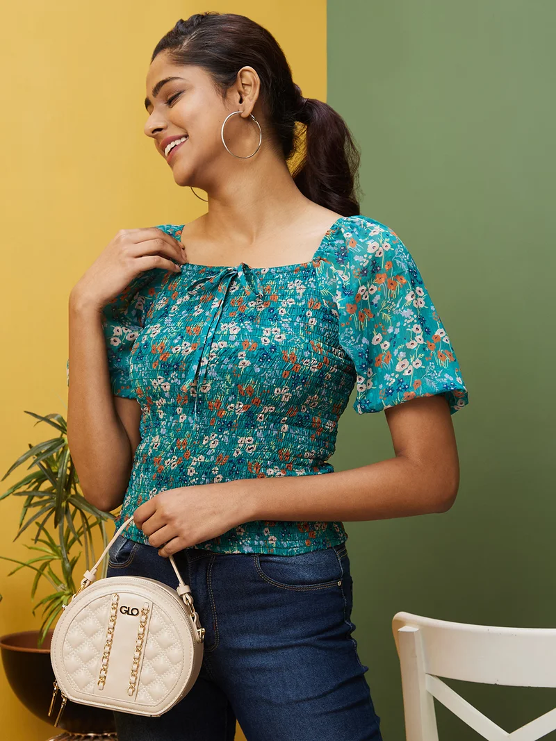 Women Green Floral Print Square Neck Puff Sleeve Smocked Georgette Top