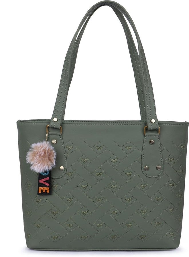 Nexeura Women's Stylish Tote Handbag with Embroidered Design | Large Shoulder Bag with Long Straps | Trendy PU Leather Purse with Keychain for Office, College, Travel & Daily Use - Elegant Ladies Bag (GREEN) - Image 1