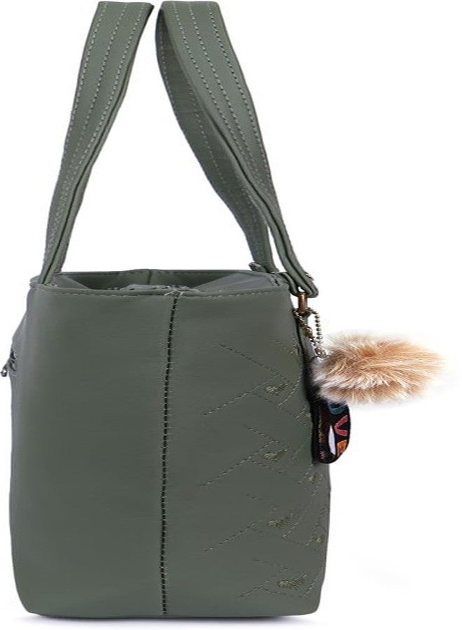 Nexeura Women's Stylish Tote Handbag with Embroidered Design | Large Shoulder Bag with Long Straps | Trendy PU Leather Purse with Keychain for Office, College, Travel & Daily Use - Elegant Ladies Bag (GREEN) - Image 3