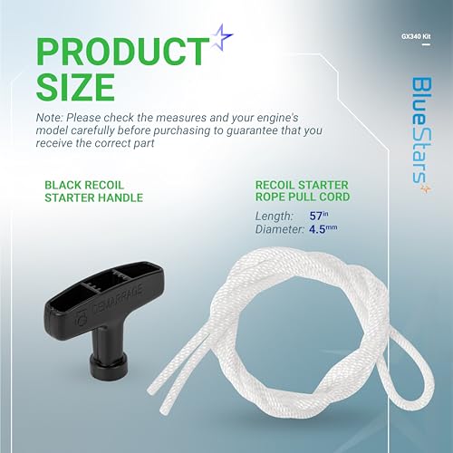 BlueStars GX390 Recoil Starter Handle with Rope - for Honda GX240 GX270 GX340 GX390 Generator 5000 6500 7000 8500 8750 9000 9500 Champion Predator 420cc 389cc, 145 cm 4.5mm 3/16in w/Starter Handle - Image 2