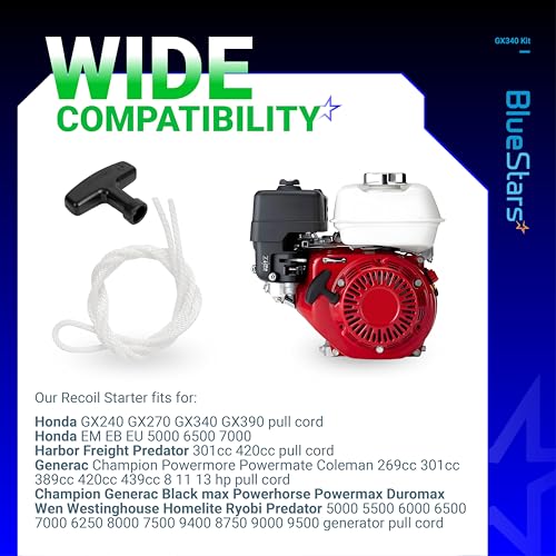 BlueStars GX390 Recoil Starter Handle with Rope - for Honda GX240 GX270 GX340 GX390 Generator 5000 6500 7000 8500 8750 9000 9500 Champion Predator 420cc 389cc, 145 cm 4.5mm 3/16in w/Starter Handle - Image 4