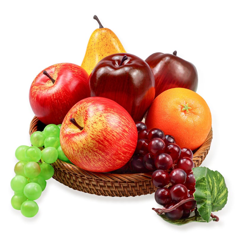 Ikosora 8 Pcs Fake Fruit Pack, Artificial Fruit Set for Decoration Home, Simulation Fruit Props for Party Decoration Kitchen Dining Table Display, Lifelike Faux Fruits Apple Grape Orange Pear - Image 1