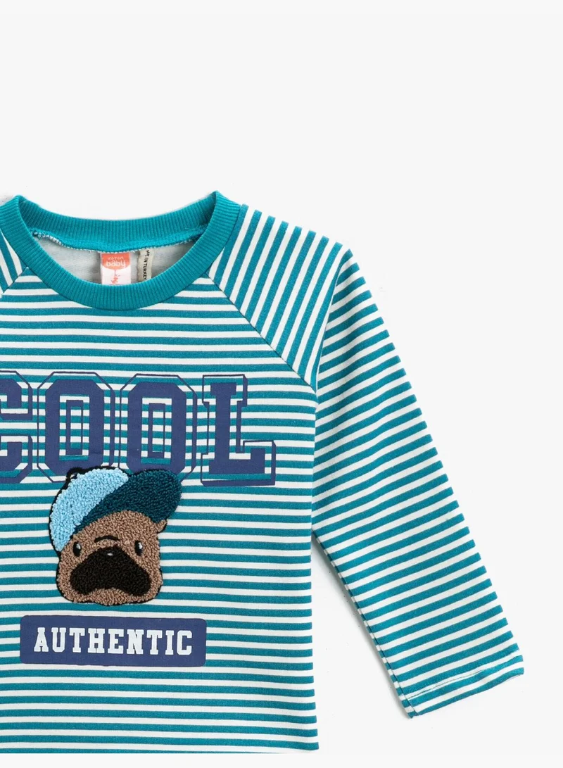 KOTON Cool Printed Striped Sweatshirt Crew Neck Cotton