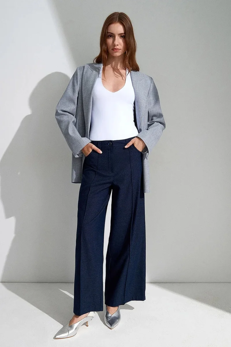 Dilvin Navy Blue DILVIN High-Waist Wide-Leg Pleated Trousers for Women | Best Price UAE