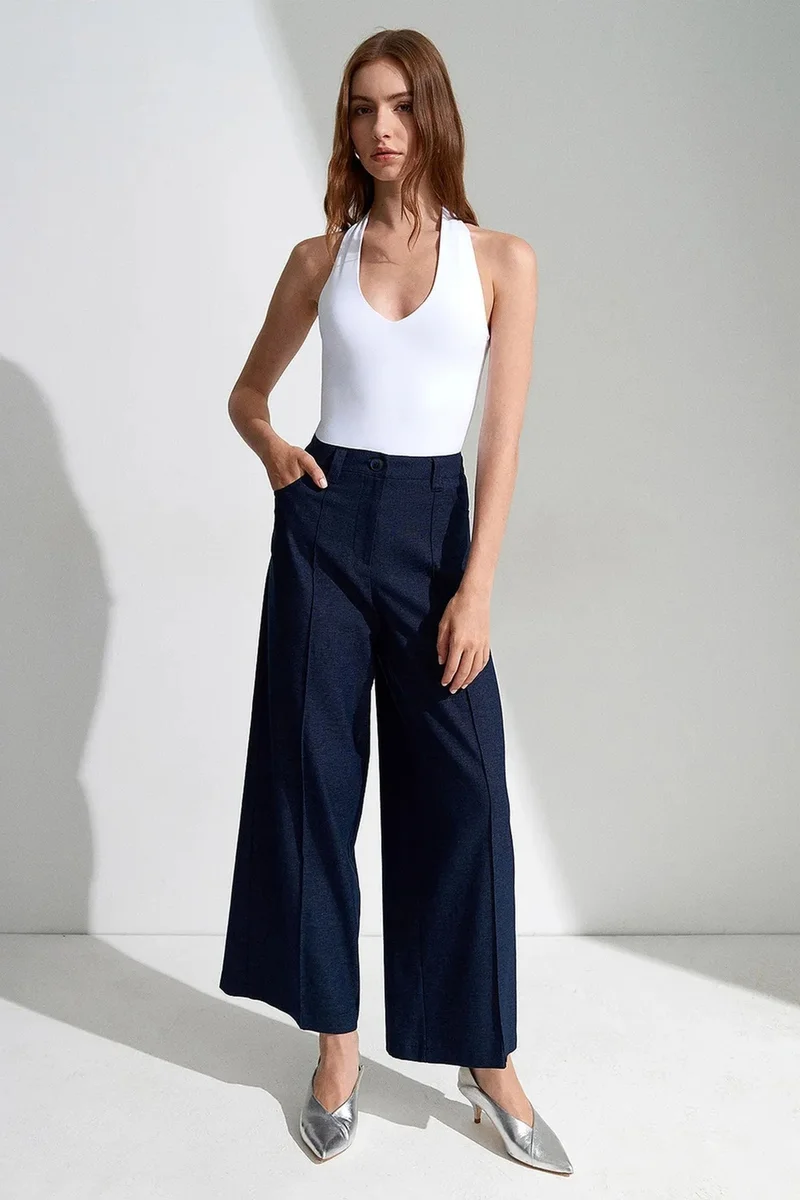 Dilvin Navy Blue DILVIN High-Waist Wide-Leg Pleated Trousers for Women | Best Price UAE