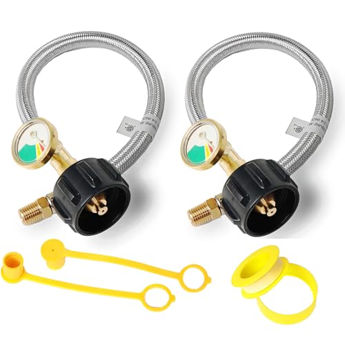 GrillAce RV Propane Hose Replacement with Gauge 2 Pack Camper Propane Hose for RV TwoStage Regulator Stainless Steel Braided 14 Male NPT and QCC 1 Inlet350PSI 15inch - Image 1