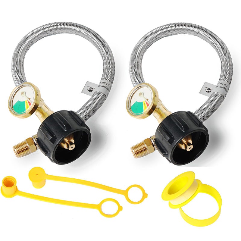 GrillAce RV Propane Hose Replacement with Gauge 2 Pack Camper Propane Hose for RV TwoStage Regulator Stainless Steel Braided 14 Male NPT and QCC 1 Inlet350PSI 15inch - Image 2