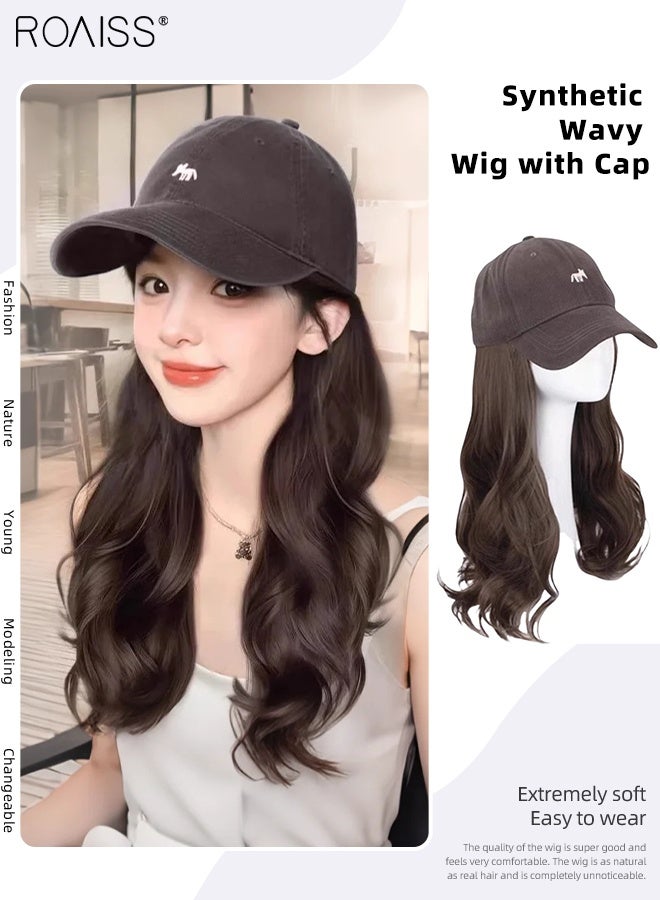رويس باروكة شعر مستعار بني أسود طويل مموج مع غطاء للنساء، وصلة شعر مستعار متعددة الاستخدامات مصنوعة من ألياف صناعية مقاومة للحرارة للاستخدام اليومي في الحفلات، طبيعية وناعمة، 50 سم (20 بوصة) - Image 1