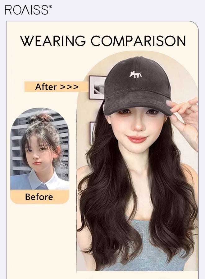 رويس باروكة شعر مستعار بني أسود طويل مموج مع غطاء للنساء، وصلة شعر مستعار متعددة الاستخدامات مصنوعة من ألياف صناعية مقاومة للحرارة للاستخدام اليومي في الحفلات، طبيعية وناعمة، 50 سم (20 بوصة) - Image 3