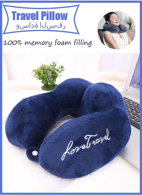 Travel Pillow 100% Memory Foam Pillow, Soft Airplane Travel Pillow with 360° Head Support, Lightweight Quick Pack for Airplane Train Car Bus, 30x30x12cm(Blue)