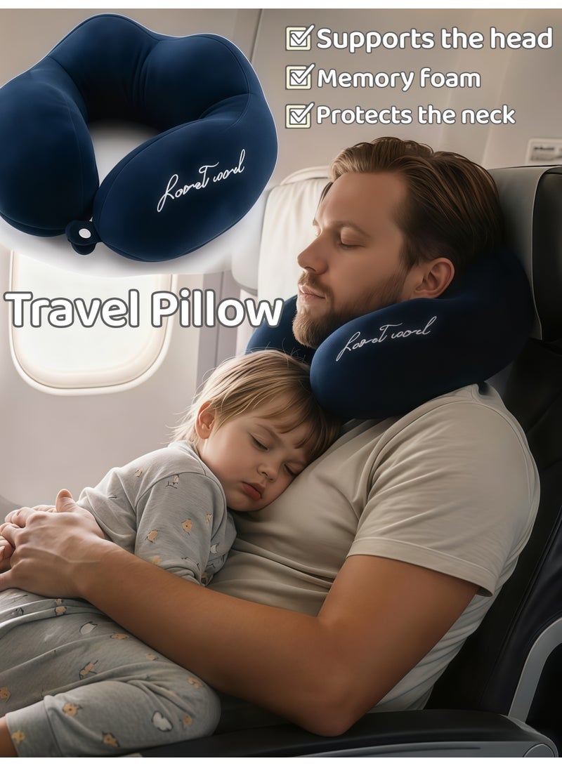 XiuWoo Travel Pillow 100% Memory Foam Pillow,Memory Foam Neck Pillow Airplane Neck Pillow Neck & Head Support Pillow Suitable for Sleeping Rest,Soft Airplane Travel Pillow with 360° Head Support, for Airplane Train Car Bus(Dark Blue) - Image 1