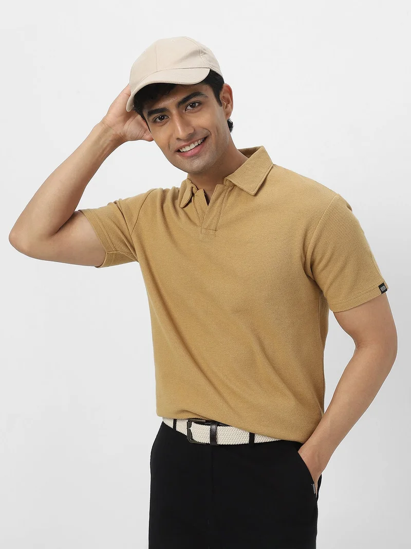 Urbano Fashion  Urbano Fashion Men's Beige Textured Regular Fit Half Sleeve Cotton Polo T-Shirt  | Best Price UAE